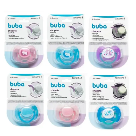 Chupeta Buba Com Tampa Protetora Bico de Silicone Simétrico Comfort Ultra Soft Ventilação Tamanho 1 (de 0 a 6 meses)