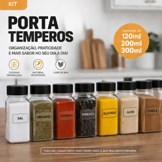 KIT 22x Porta Tempero de Cozinha 200ml Condimentos Organização Tampa Dosadora Dupla Envio Imediato
