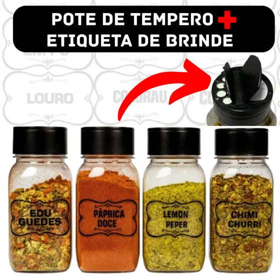 Kit 20 Potes de Tempero + ETIQUE Brinde Porta Tempero Tampa dosadora Dupla