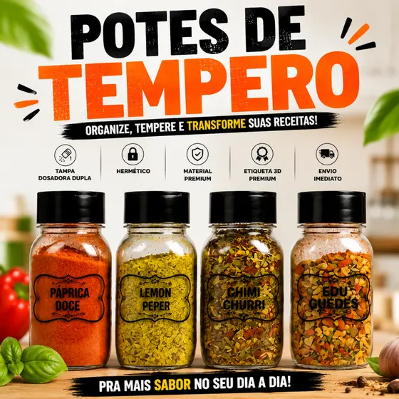 Pote para Tempero 200ml e 120ml com Tampa Dosadora Dupla + Etiqueta 3D Premium Kit Organizador