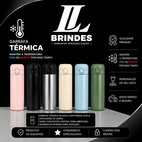 Garrafa Térmica Personalizada 400ml - Nome, Logo, Time, Profissão