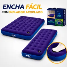Colchão de Casal e Solteiro Inflável Inflador Acoplado Uso Fácil Resistente Aveludado Portátil MOR
