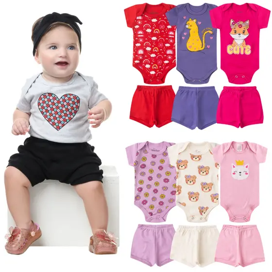 Kit Bebê Menina 8 Peças Verão | Body Manga Curta + Shorts | 100% Algodão | P M G GG