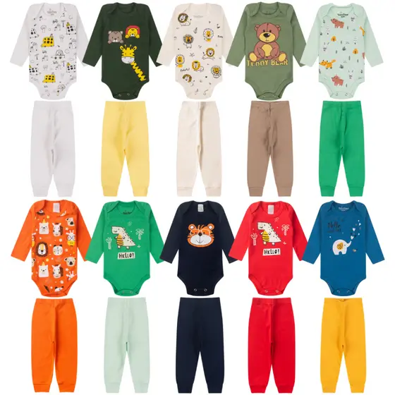 Kit Bebê Menino 8 Peças Inverno | 4 Conjuntos Body Manga Longa + Calça | 100% Algodão | RN ao GG