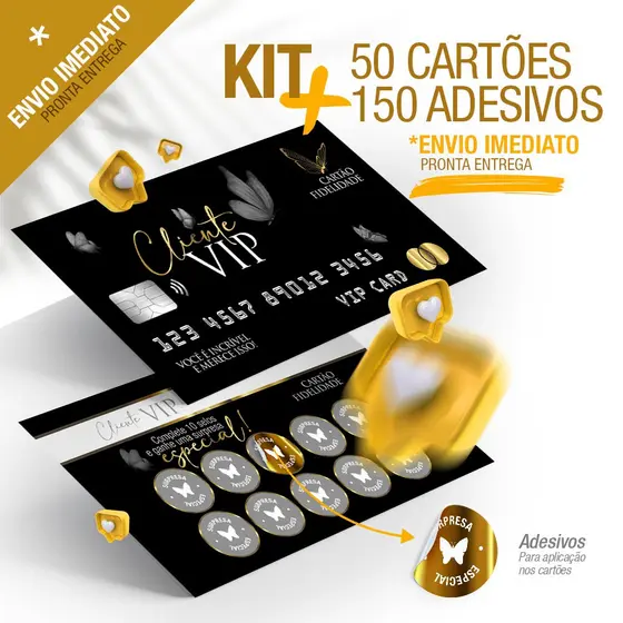 50 Cartão Fidelidade Clientes VIP 48x88mm + 150 Adesivos