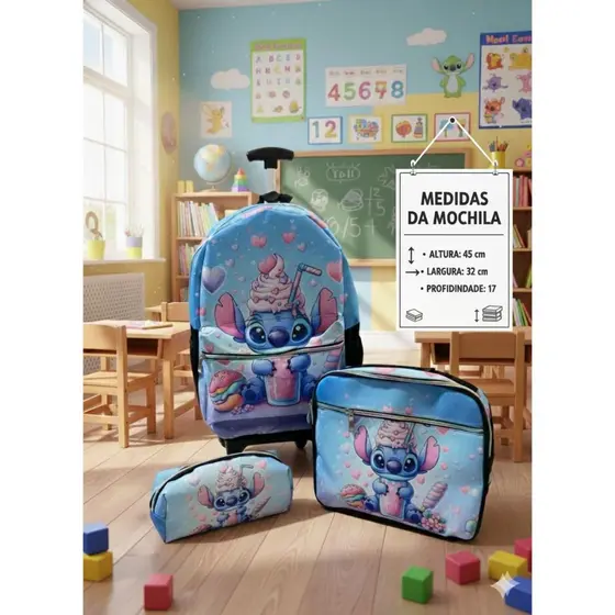 Kit Mochila Infantil  lilo stitch Ice Cream com Rodinha -Completo com Lancheira Termica + Estojo Escolar -Menina.