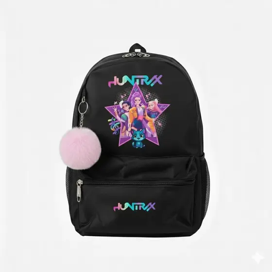 Mochila Infantil Escolar Huntrix com pompom rosa Design Fashion  Alta Qualidade.🎒 Mochila Infantil Fashion Home Tricks c
