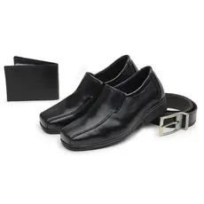 Kit Sapato Social Infantil Menino Bico Quadrado Igreja Evangelico Elastico Com Cinto e Carteira