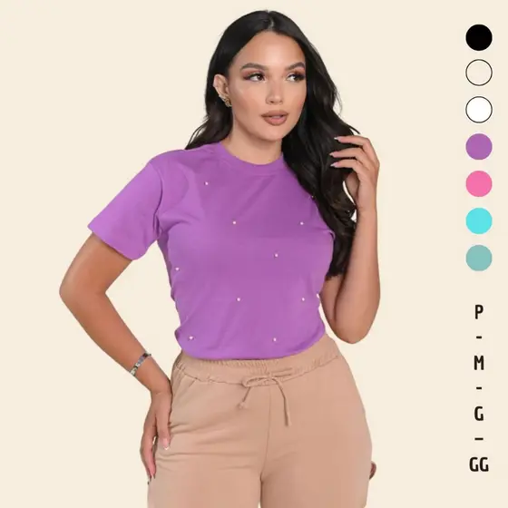 Camiseta Feminina 100% Algodão com Pérolas Confortável Estilosa Casual
