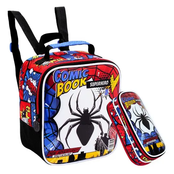 Kit Conjunto Escolar Lancheira Térmica + Estojo SPIDER COMIC BOOK