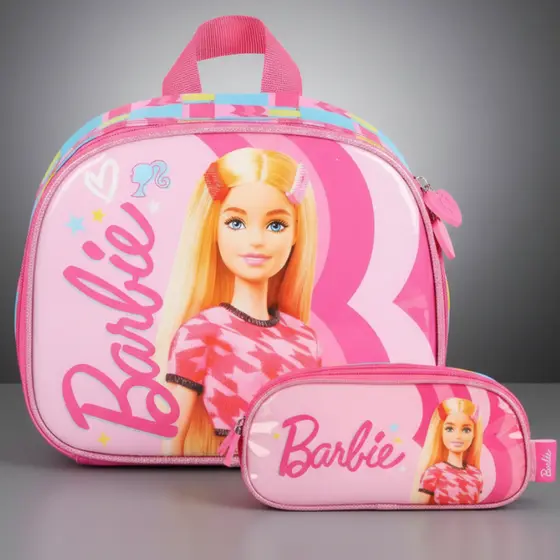 Kit Conjunto Escolar Lancheira Térmica Merendeira + Estojo Triplo Barbie Original