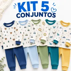 Kit 5 Conjuntos Bebê Menino 100% Algodão Manga Longa Roupa Bebê Enxoval Recém-Nascido RN P M G