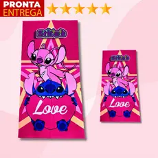 Toalha De Banho E Rosto Boca Lancheira Infantil Lilo Stitch E Angel Rosa