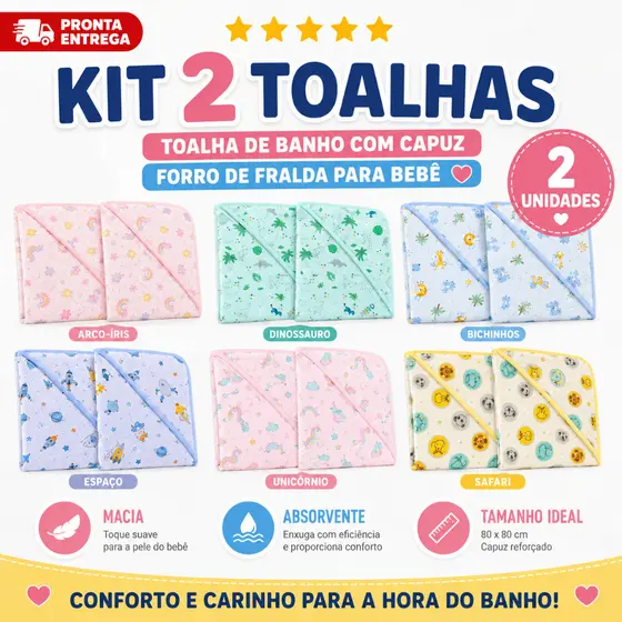 Kit 2 Toalha de Banho Com Capuz Forro De Fralda Para Bebê