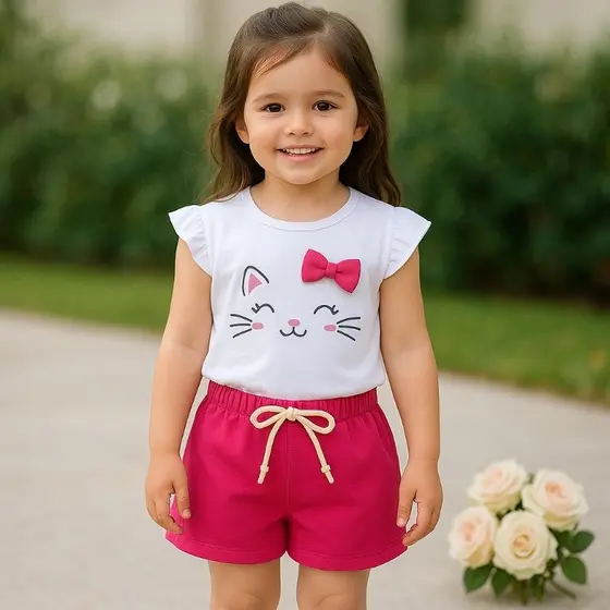 🐱🎀 Conjunto Infantil Gatinha Chic Oncinha com Laço – Day Kids rosa pink