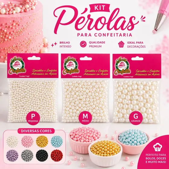 kit de Pérola 50g Confeitos de açúcar Sprinkles 100% comestíveis tamanhos P, M, G - Diversas Cores e Opções