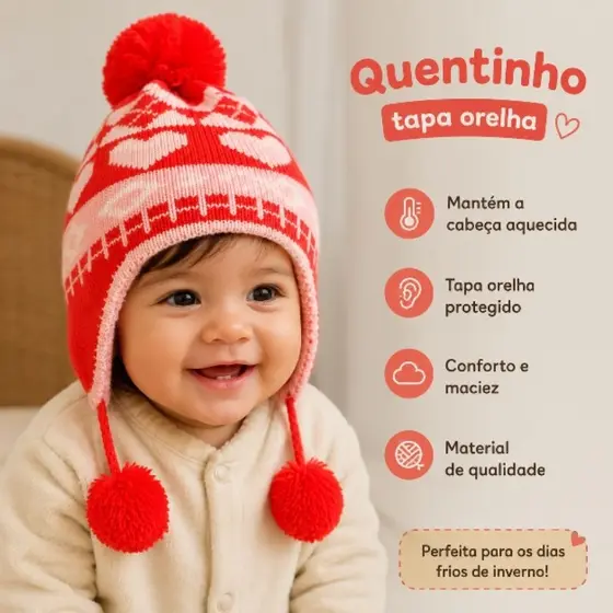 Touca Gorro Infantil Quentinho Divertido Menino Menina Com Tapa Orelha Pom Pom Frio Inverno