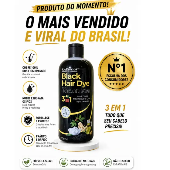 Black Hair Dye 3 em 1 Shampo 500ml Cobre Fios Brancos , Nutre e Hidrata os Cabelos