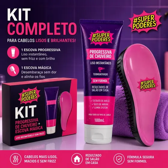 KIT LISO PERFEITO Progressiva de Chuveiro + Escova Mágica Cabelos Lisos, Alinhados e Sem Friz