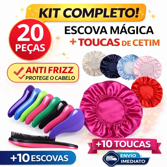 KIT COM 10 Escovas Mágica + 10 Toucas Anti Frizz, Escolha sua Cor Preferida