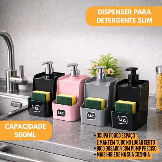 Dispenser Porta Detergente e Esponja Slim Cores 500ml Compacto De Pia Cozinha Luxo Premium - Uz