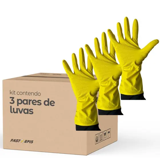 Kit 3 Pares - Luva Multiuso Serviços de Limpeza Gerais Amarela em Látex - Medix