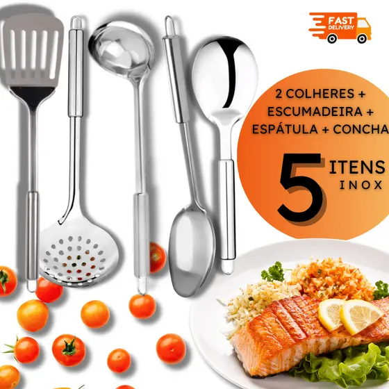 Conjunto de Utensílios de Cozinha em Inox com 5 Peças - Colher, Concha, Escumadeira, Espátula, Fuê, Cortador