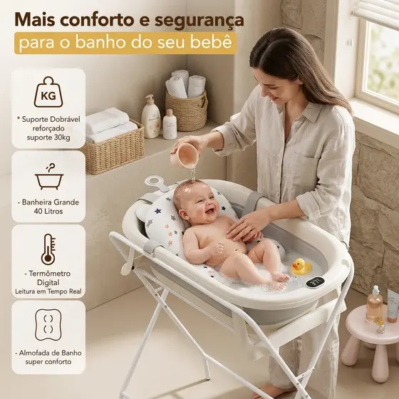 Banheira Dobrável Com Suporte Almofada E Termômetro Banheira Com Suporte Infantil Cinza
