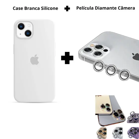 Kit Capa Silicone Branca Aveludada + Película Câmera Diamante iPhone 11 12 13 14 15 16 Premium | iLux