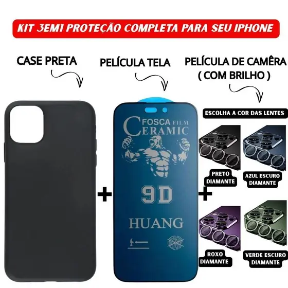Kit 3em1 Capa Preta + Película Cerâmica Fosca Privacidade + Película Câmera Diamante iPhone 11 ao 16 Pro Max | iLux