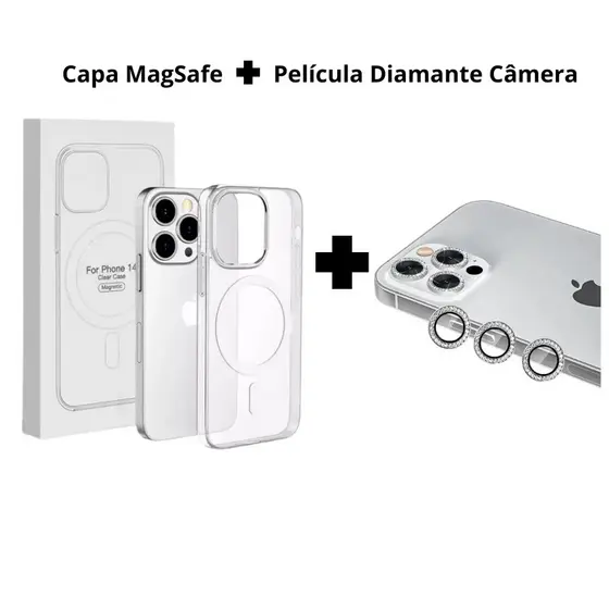 Kit Capa MagSafe Transparente + Película Câmera Diamante iPhone 11 12 13 14 15 16 Pro Premium | iLux
