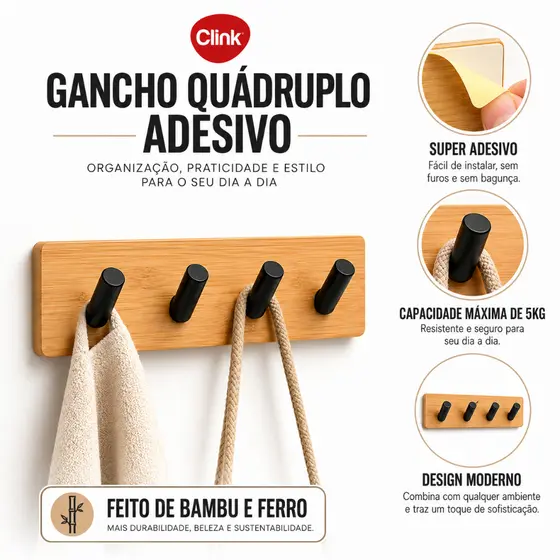 Gancho de Parede Adesivo Gancho Quaduplo Clink Multiuso de Bambu e Suporte Com 4 Ganchos de Ferro