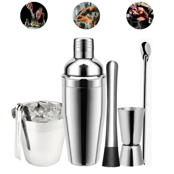 Kit Coqueteleira Inox 500ml Barman Profissional 6 Peças Com Balde de Gelo Barzinho Drinks Caipirinha