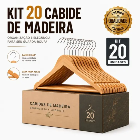 Kit 20 Cabide de Madeira Premium Marfim Cabides Para Roupas Organizador Closet Calças Camisas