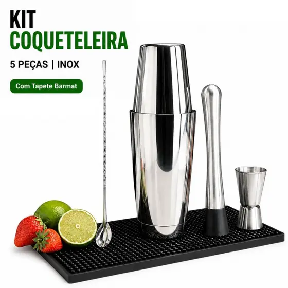 Kit Bartender Coqueteleira Boston 820ml 5 Peças Inox Profissional Completo C Tapete Drink Caipirinha