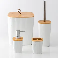 Kit Lavabo Banheiro 4 Peças Tampa de Bambu Com Lixeira Dispenser Porta Escova e Escova Sanitária