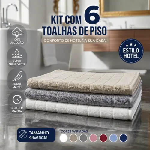Kit 6 Toalhas de Piso 100% Algodão 44x65 Estilo Hotel Super Absorvente Macias Banheiro