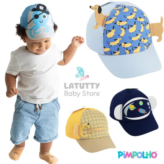 Boné Infantil Menino 1 a 2 Anos Pimpolho Boné Bebê Lúdico 3D Algodão Velcro