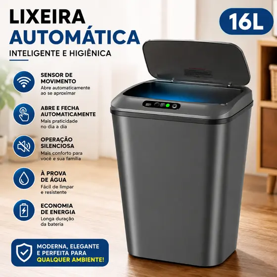 Lixeira Inteligente Capacidade 16L Recarregável Automático Com Sensor Na Tampa Para Sala Cozinha Escritório