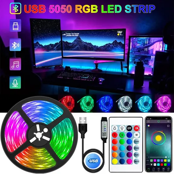 Fita Led RGB 5050 Ip65 A Prova D'água Usb Com Controle App Bluetooth 5M 16 Cores Para Decoração E Iluminação