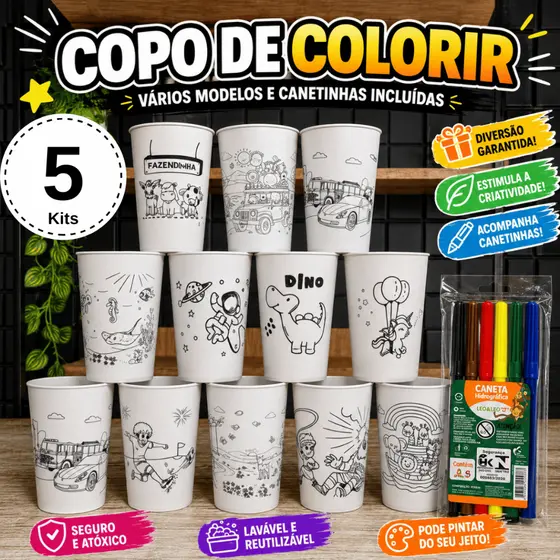 Copo de Colorir + Canetinha 5 Kits Várias Estampas Copo Lembrancinha Aniversário Festas Crianças.
