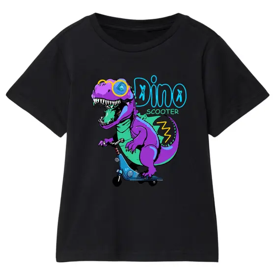 Camiseta Infantil Juvenil Manga Curta Unissex Dino Scooter Dinossauro Andando de Patinete