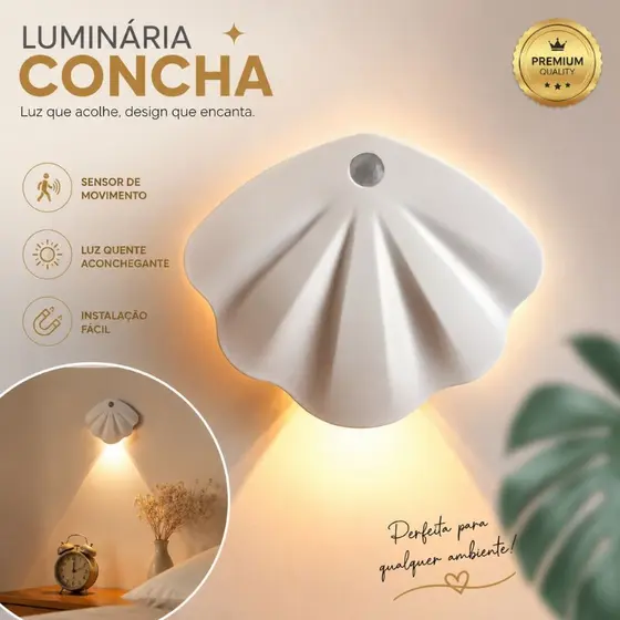 Luminária Arandela Premium Elegante LED Concha Sensor 3 Tons Sem Fio Recarregável Parede
