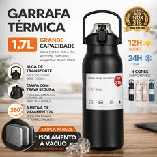 Garrafa 1700, 900ml Térmica Prática Versátil Aço Inoxidável Com Alça Transporte Fácil Confortável