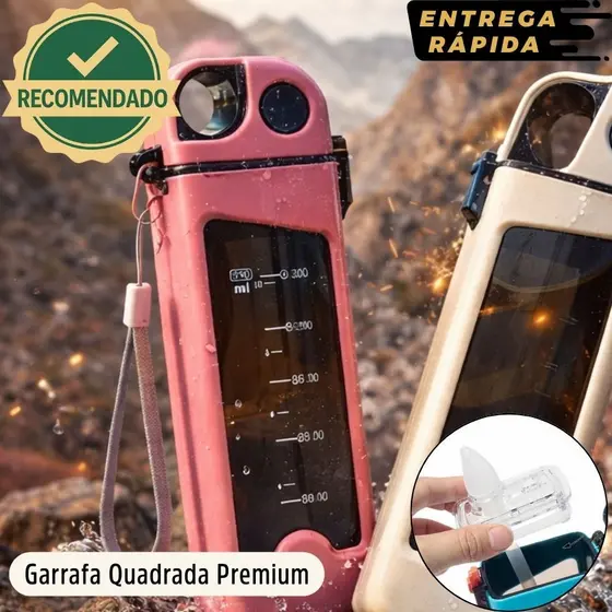 Garrafa Água Premium Retangular 350ml Com Canudo Resistente Compacta Alça Academia Escola