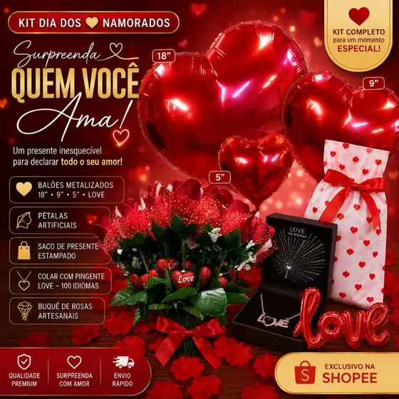 Kit Dia Dos Namorados Buquê Artificial Balão Love Sacola Presente Cordão Pulseira Romântico