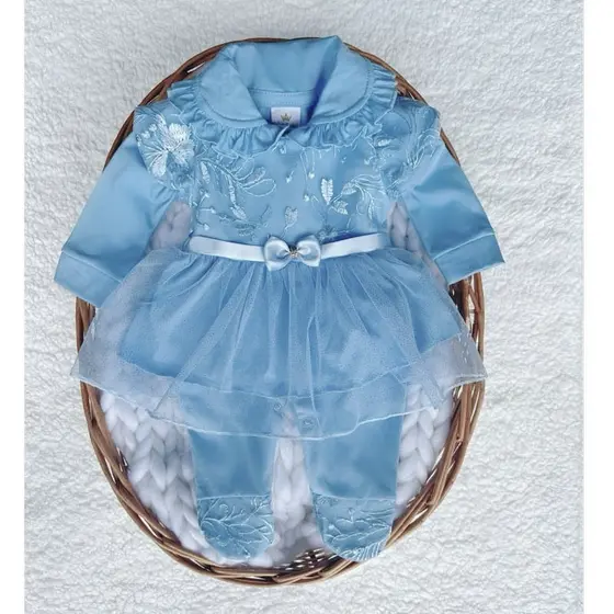 Macacão bebê menina com vestido em tule azul celeste