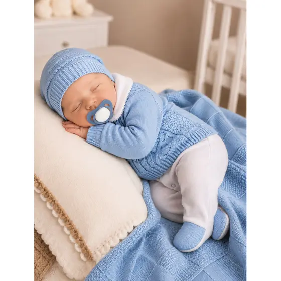 Saída de maternidade menino em tricô azul bebê Vitor
