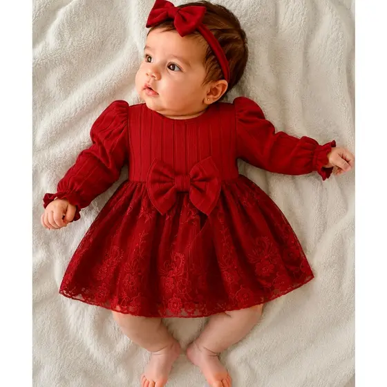 Vestido Bebê Encanto Vermelho com Renda e Laço Mia
