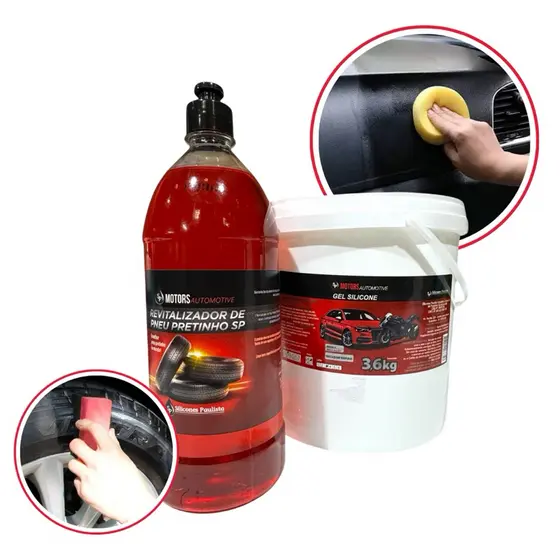 Kit Limpeza Automotiva Silicone Gel Revitalizador de Plásticos + Pretinho P/ Pneu Pneu Brilho Intenso 1L